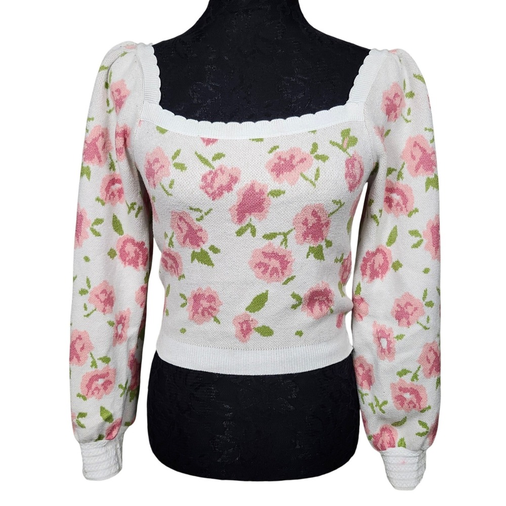 Willow & Wind M Floral Knit Sweater Square‎ Neck Puff Sleeve Cottagecore Top